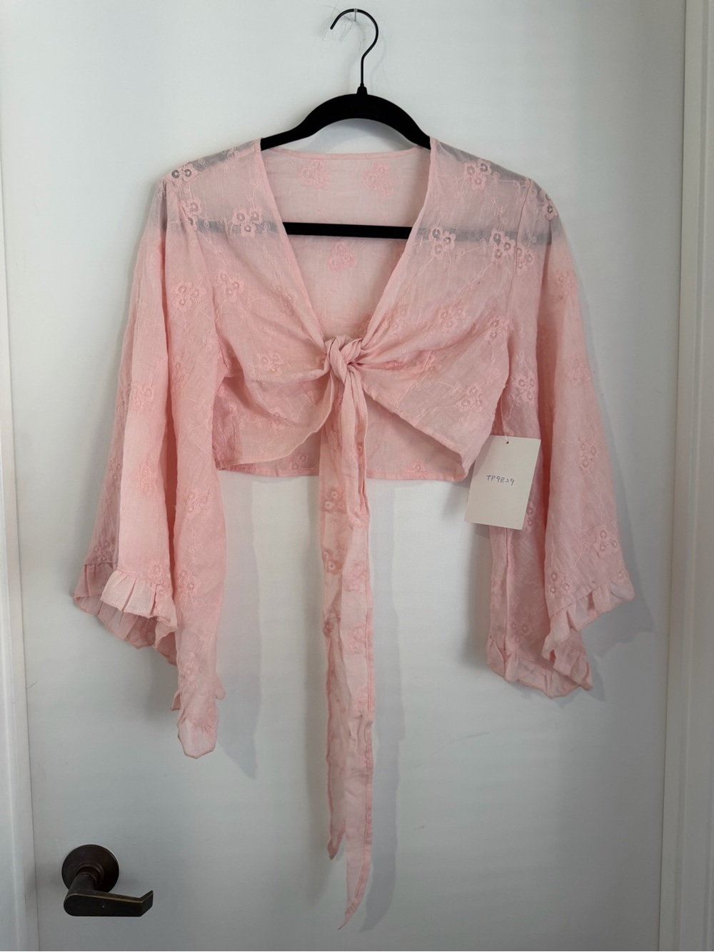 Light Pink Tie-Front Floral Embroidered Crop Top